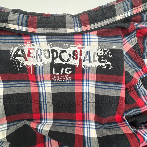 Aeropostale Mens Plaid Shirt Western Pearl Snap L/G Large Red Black - Picture 2 of 8